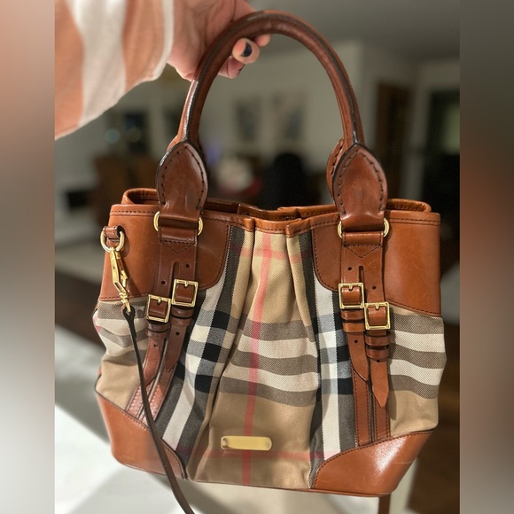 Burberry Brown House Check Canvas and Leather Bridle Whipstitch Tote - Picture 1 of 8